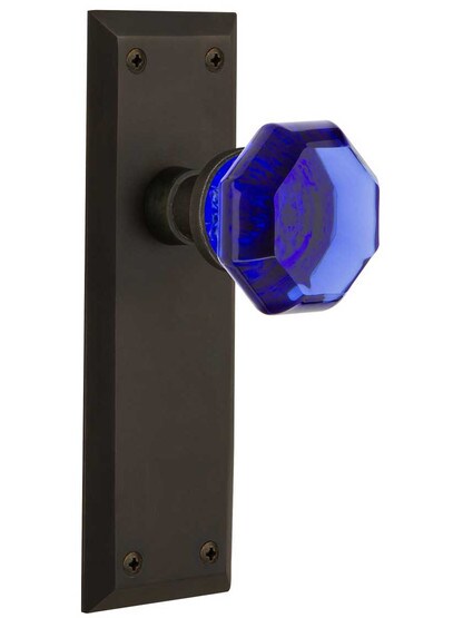 New York Door Set with Colored Waldorf Crystal Glass Knobs Cobalt Blue in Oil-Rubbed Bronze.